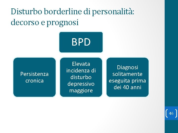 Disturbo borderline di personalità: decorso e prognosi BPD Persistenza cronica Elevata incidenza di disturbo