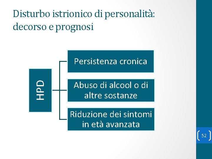 Disturbo istrionico di personalità: decorso e prognosi HPD Persistenza cronica Abuso di alcool o