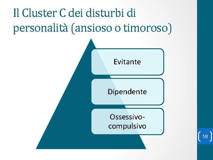 Il Cluster C dei disturbi di personalità (ansioso o timoroso) Evitante Dipendente Ossessivocompulsivo 58