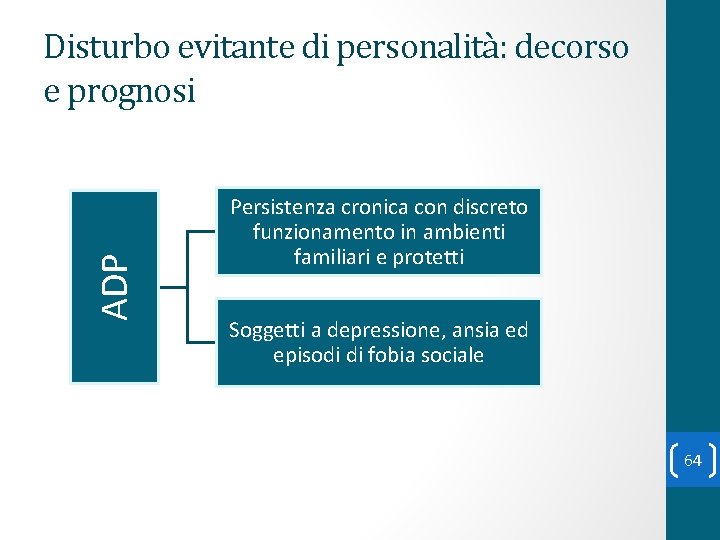 ADP Disturbo evitante di personalità: decorso e prognosi Persistenza cronica con discreto funzionamento in