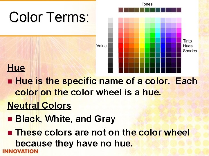Color Terms: Hue is the specific name of a color. Each color on the