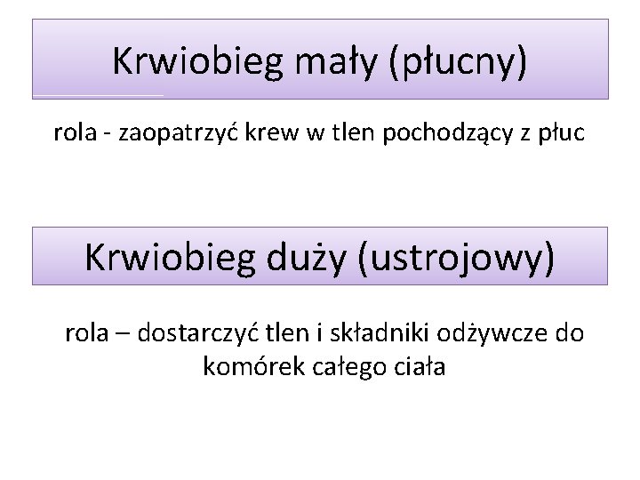 Krwiobieg mały (płucny) rola - zaopatrzyć krew w tlen pochodzący z płuc Krwiobieg duży