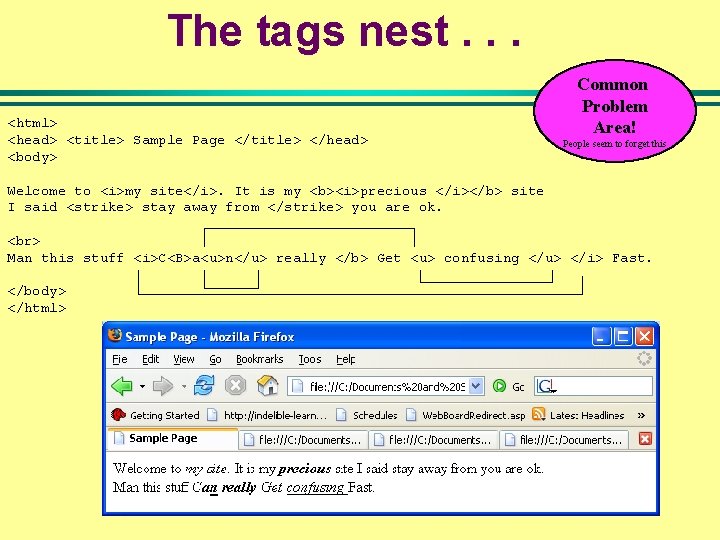 The tags nest. . . <html> <head> <title> Sample Page </title> </head> <body> Common The tags nest. . . <html> <head> <title> Sample Page </title> </head> <body> Common