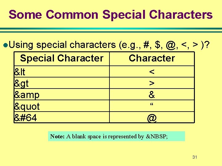 Some Common Special Characters l. Using special characters (e. g. , #, $, @, Some Common Special Characters l. Using special characters (e. g. , #, $, @,