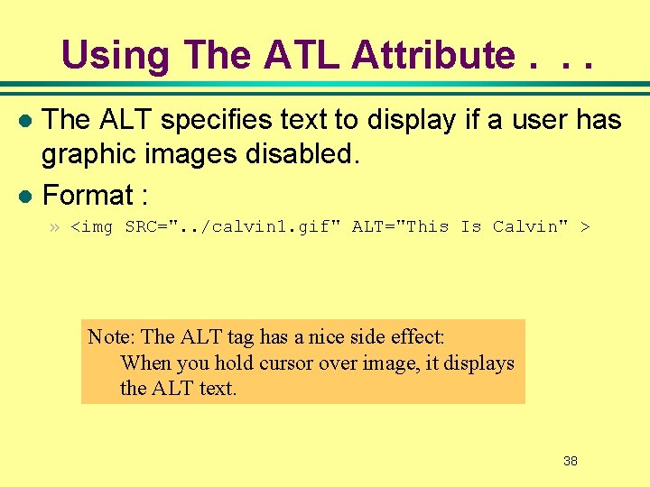 Using The ATL Attribute. . . The ALT specifies text to display if a Using The ATL Attribute. . . The ALT specifies text to display if a