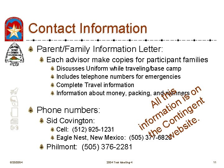 Contact Information Parent/Family Information Letter: 620 -B Each advisor make copies for participant families