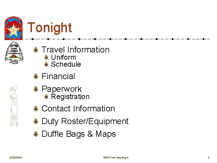 Tonight Travel Information 620 -B Uniform Schedule 5/20/2004 Financial Paperwork Registration Contact Information Duty