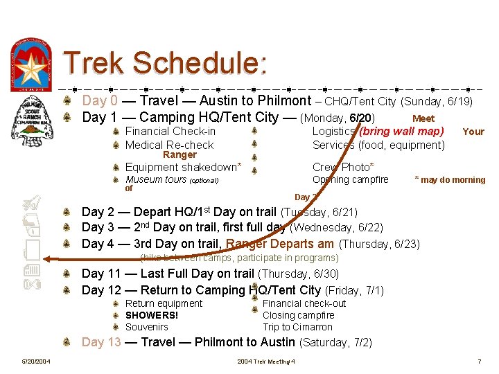 Trek Schedule: Day 0 — Travel — Austin to Philmont – CHQ/Tent City (Sunday,