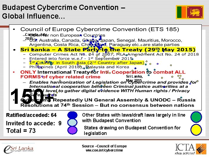 Budapest Cybercrime Convention – Global Influence… Canada, July 2015 Sri Lanka, May 2015 150+ Budapest Cybercrime Convention – Global Influence… Canada, July 2015 Sri Lanka, May 2015 150+
