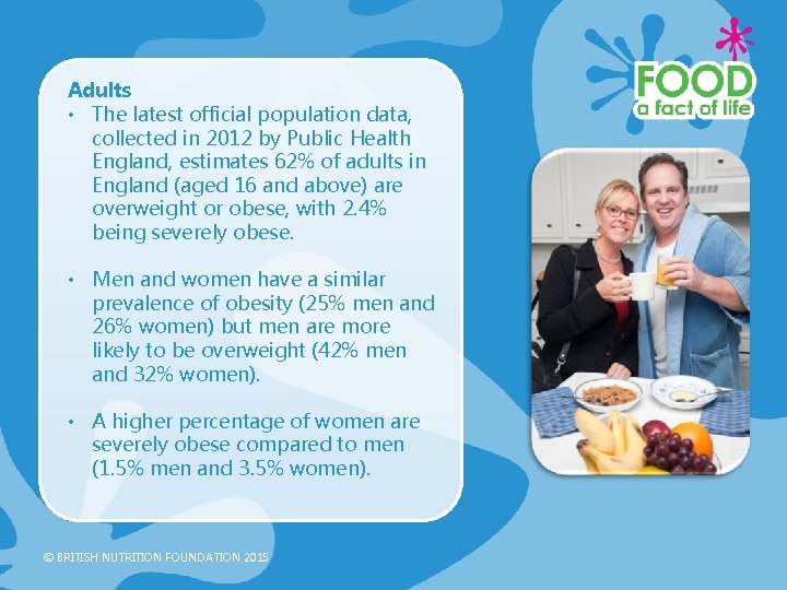Adults • The latest official population data, collected in 2012 by Public Health England,