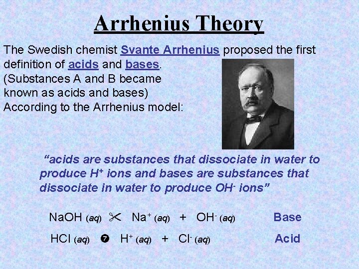 Arrhenius Theory The Swedish chemist Svante Arrhenius proposed the first definition of acids and