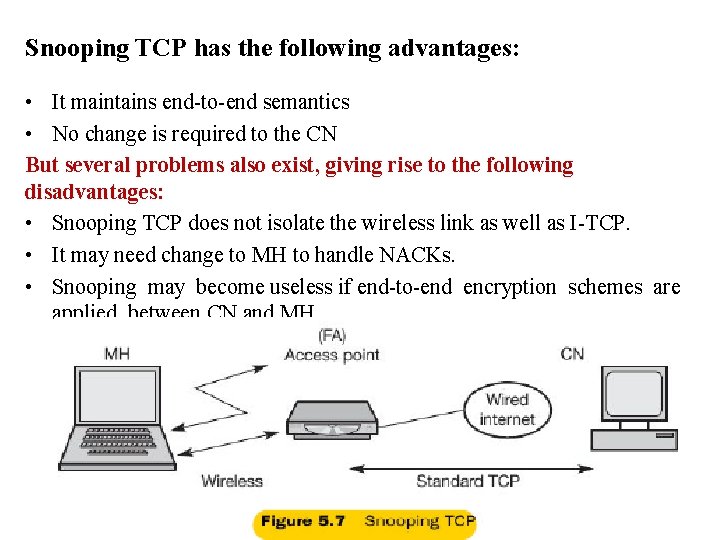 Snooping TCP has the following advantages: • It maintains end to end semantics •