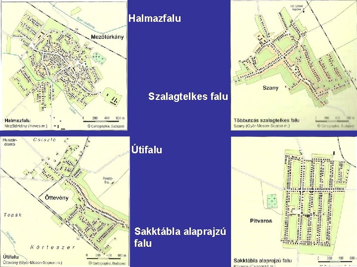 Halmazfalu Szalagtelkes falu Útifalu Sakktábla alaprajzú falu 