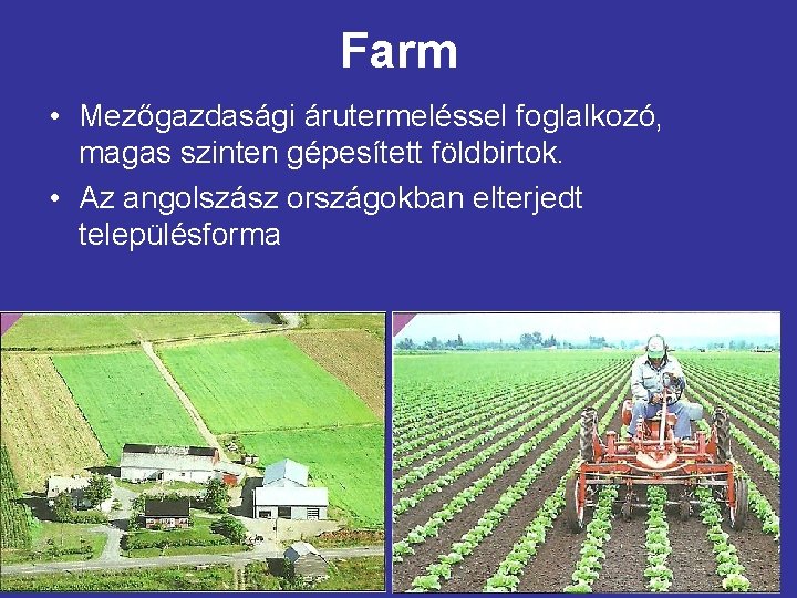 Farm • Mezőgazdasági árutermeléssel foglalkozó, magas szinten gépesített földbirtok. • Az angolszász országokban elterjedt