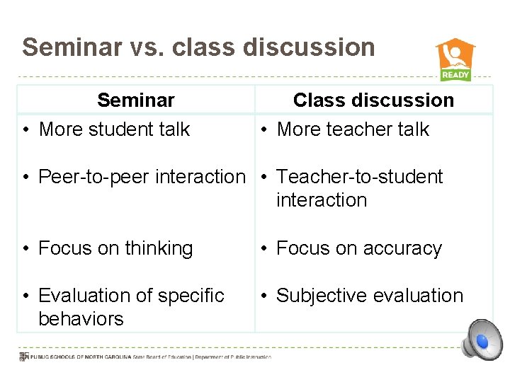 Seminar vs. class discussion Seminar • More student talk Class discussion • More teacher