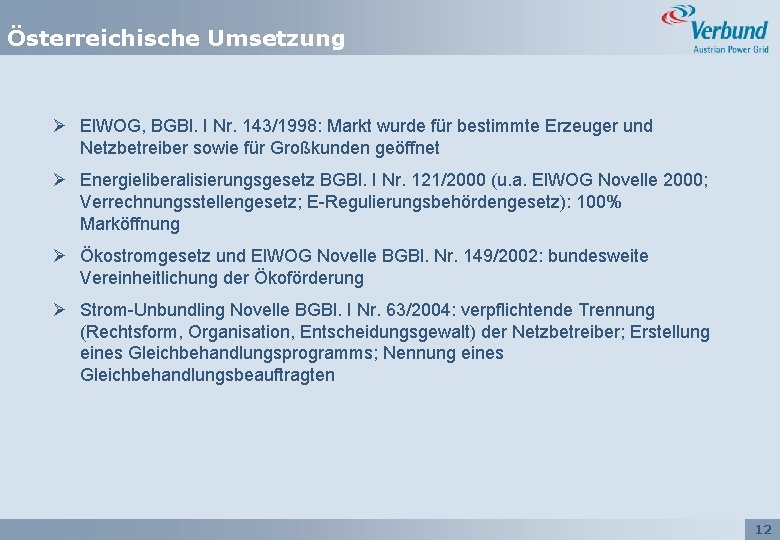 Österreichische Umsetzung Ø El. WOG, BGBl. I Nr. 143/1998: Markt wurde für bestimmte Erzeuger