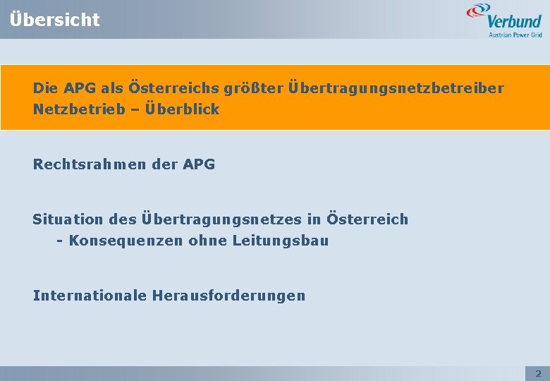 Übersicht Die APG als Österreichs größter Übertragungsnetzbetreiber Netzbetrieb – Überblick Rechtsrahmen der APG Situation