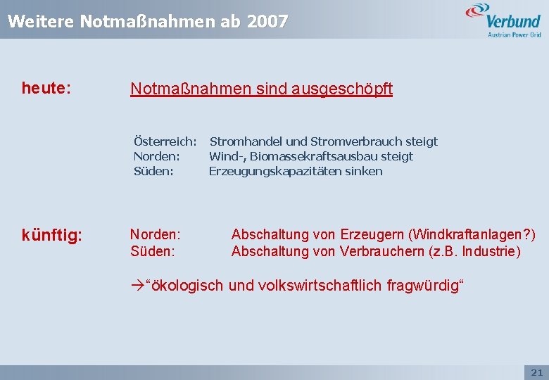 Weitere Notmaßnahmen ab 2007 heute: Notmaßnahmen sind ausgeschöpft Österreich: Norden: Süden: künftig: Norden: Süden: