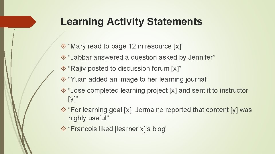 Learning Activity Statements “Mary read to page 12 in resource [x]” “Jabbar answered a