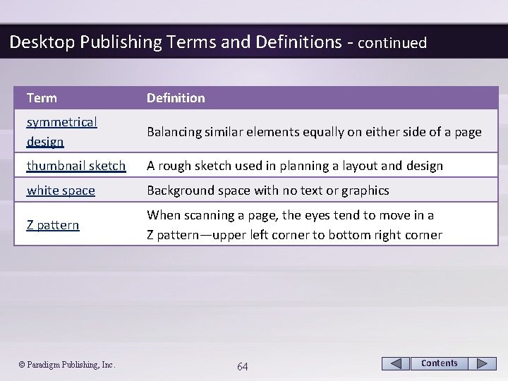 Desktop Publishing Terms and Definitions - continued Term Definition symmetrical design Balancing similar elements