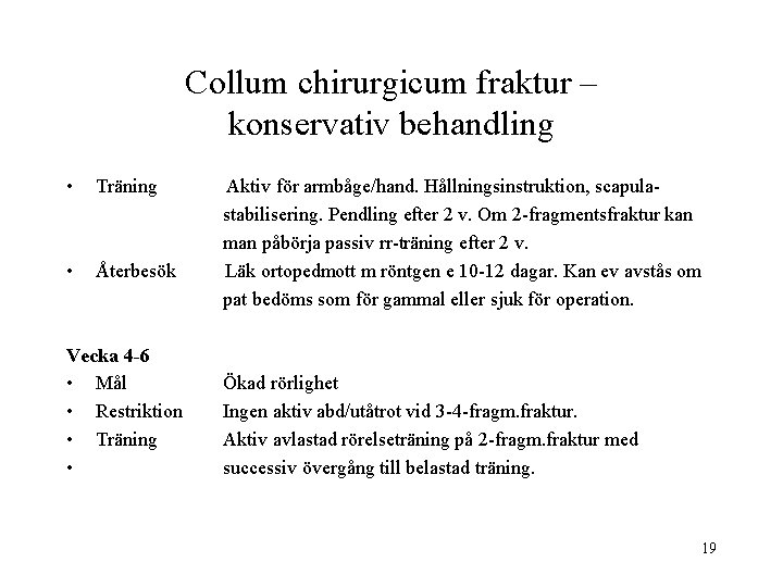 Collum chirurgicum fraktur – konservativ behandling • Träning • Återbesök Vecka 4 -6 •