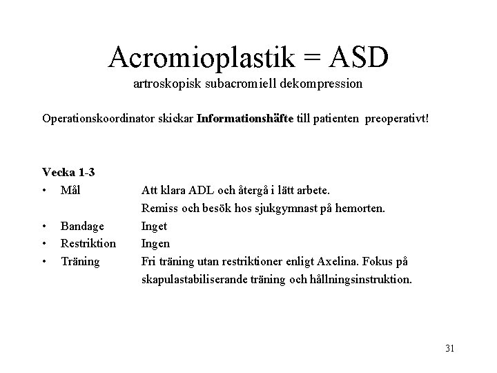Acromioplastik = ASD artroskopisk subacromiell dekompression Operationskoordinator skickar Informationshäfte till patienten preoperativt! Vecka 1