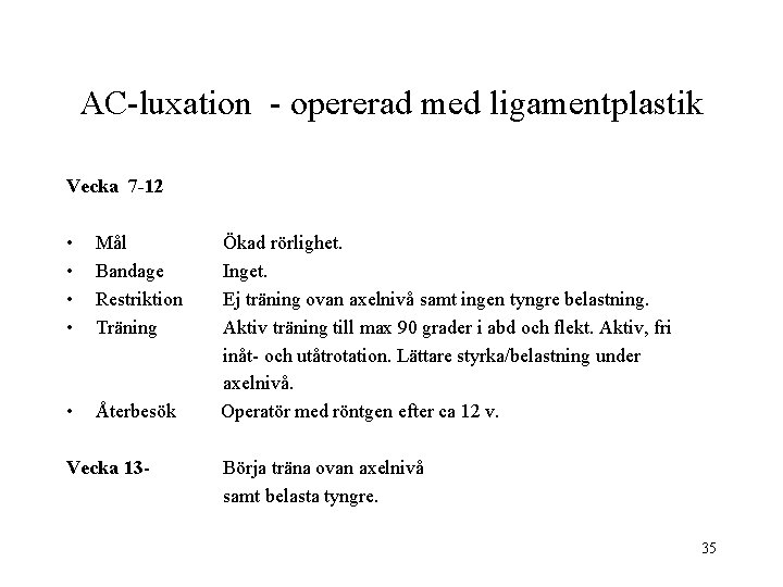 AC-luxation - opererad med ligamentplastik Vecka 7 -12 • • Mål Bandage Restriktion Träning