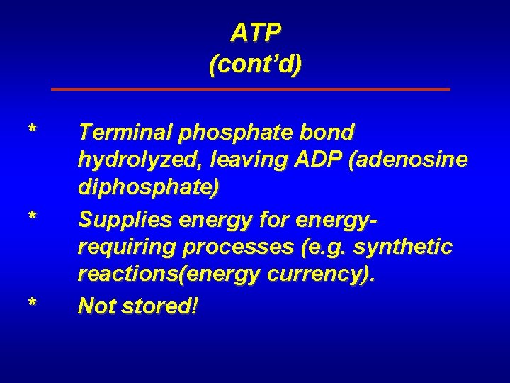 ATP (cont’d) * * * Terminal phosphate bond hydrolyzed, leaving ADP (adenosine diphosphate) Supplies