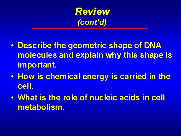 Review (cont’d) • Describe the geometric shape of DNA molecules and explain why this