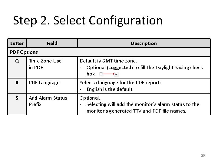 Step 2. Select Configuration Letter Field Description PDF Options Q Time Zone Use in Step 2. Select Configuration Letter Field Description PDF Options Q Time Zone Use in