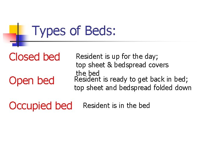 Types of Beds: Closed bed Open bed Occupied bed Resident is up for the