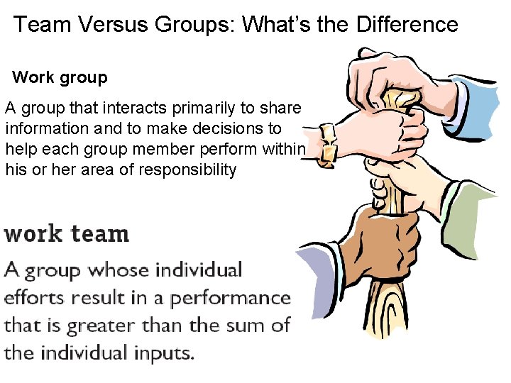 Team Versus Groups: What’s the Difference Work group A group that interacts primarily to