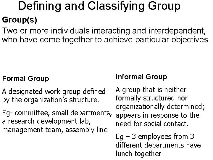 Defining and Classifying Group(s) Two or more individuals interacting and interdependent, who have come