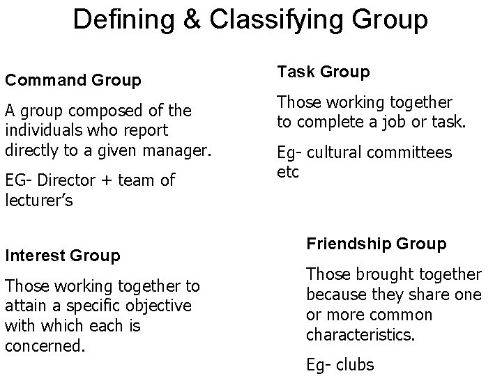 Defining & Classifying Group Command Group Task Group A group composed of the individuals