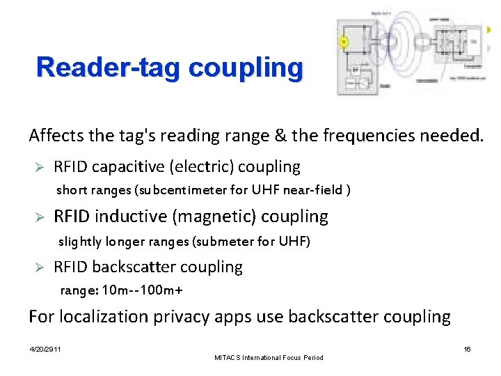 Reader-tag coupling Affects the tag's reading range & the frequencies needed. Ø RFID capacitive