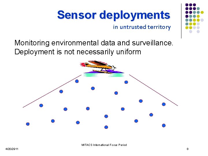 Sensor deployments. in untrusted territory Monitoring environmental data and surveillance. Deployment is not necessarily