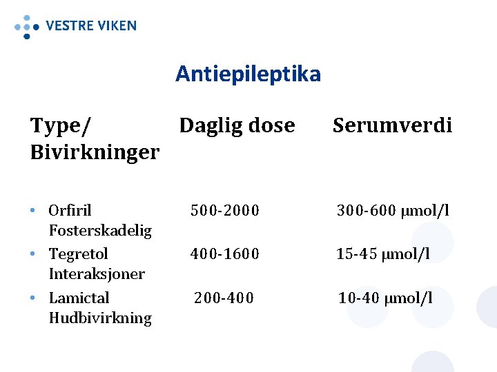 Antiepileptika Type/ Daglig dose Bivirkninger Serumverdi • Orfiril Fosterskadelig • Tegretol Interaksjoner • Lamictal