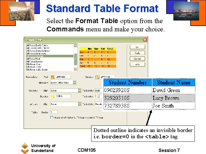 Standard Table Format Select the Format Table option from the Commands menu and make