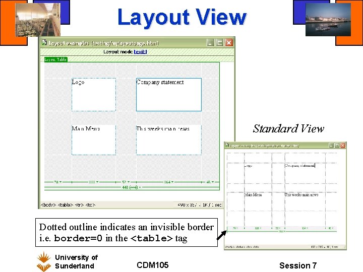 Layout View Standard View Dotted outline indicates an invisible border i. e. border=0 in