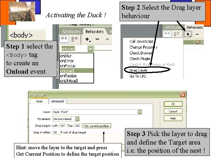 Activating the Duck ! Step 2 Select the Drag layer behaviour Step 1 select