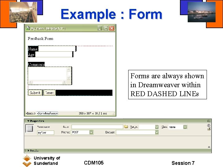 Example : Forms are always shown in Dreamweaver within RED DASHED LINEs University of