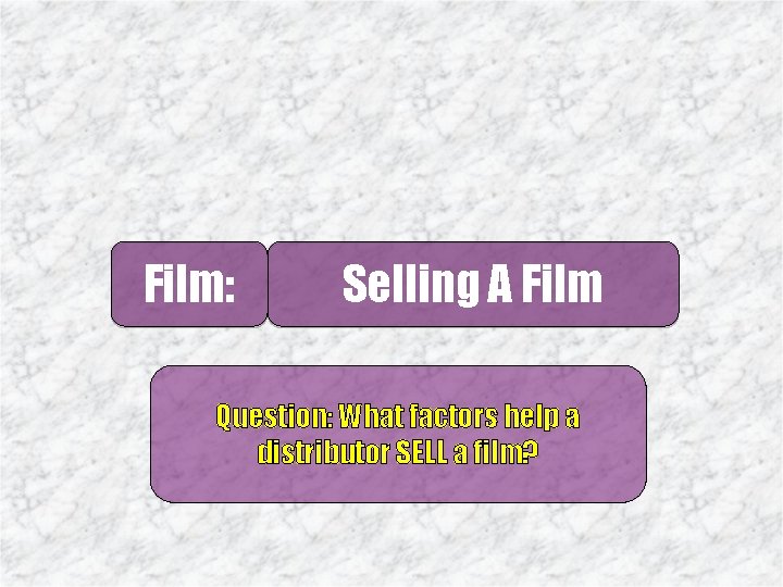 Film: Selling A Film Question: What factors help a distributor SELL a film? 