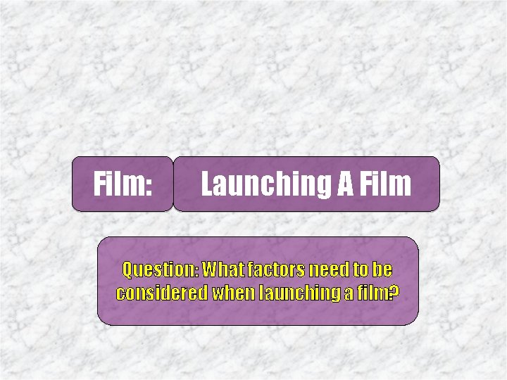 Film: Launching A Film Question: What factors need to be considered when launching a