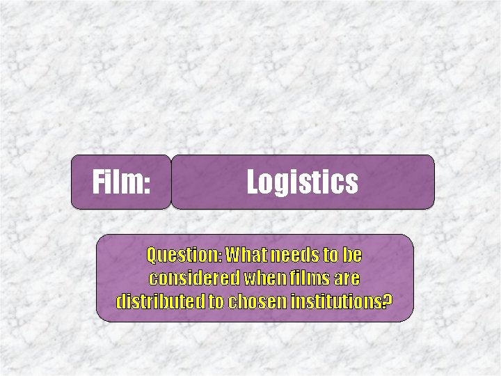 Film: Logistics Question: What needs to be considered when films are distributed to chosen