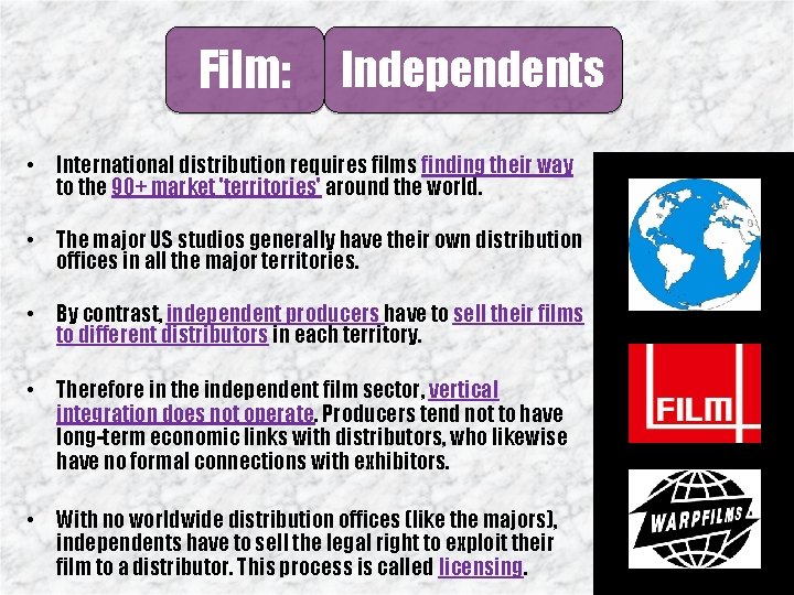 Film: Independents • International distribution requires films finding their way to the 90+ market