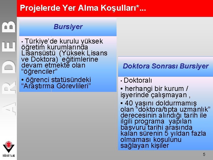 ARDEB Projelerde Yer Alma Koşulları*. . . Bursiyer • Türkiye’de kurulu yüksek öğretim kurumlarında