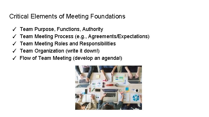 Critical Elements of Meeting Foundations ✓ ✓ ✓ Team Purpose, Functions, Authority Team Meeting