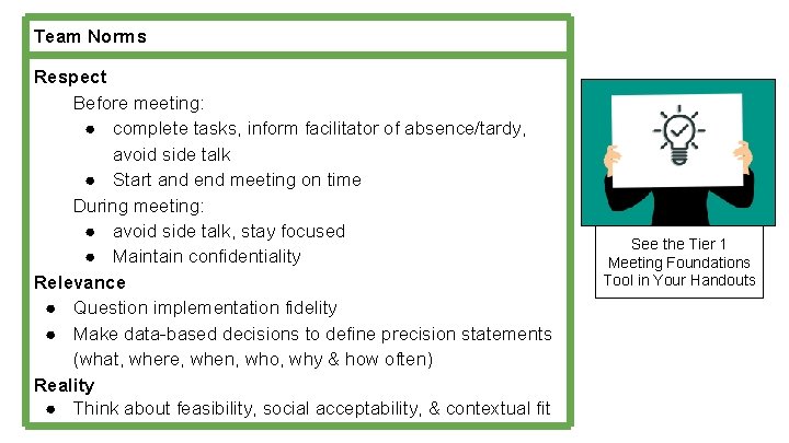Team Norms Respect Before meeting: ● complete tasks, inform facilitator of absence/tardy, avoid side