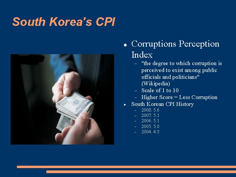 South Korea's CPI Corruptions Perception Index "the degree to which corruption is perceived to