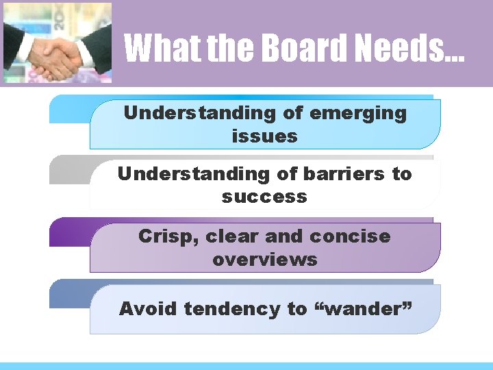 What the Board Needs… Understanding of emerging issues Understanding of barriers to success Crisp,